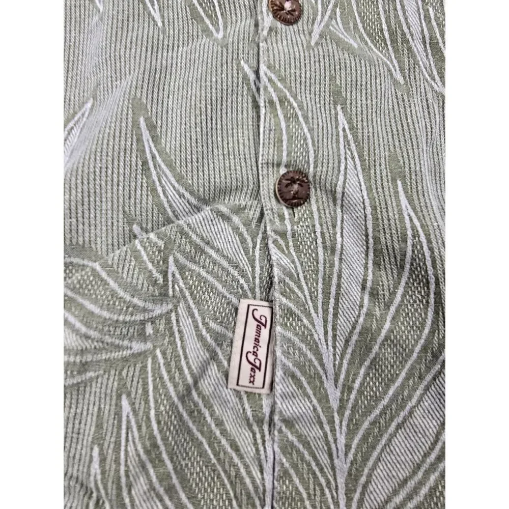 Jamaica Jaxx Shirt Mens XL Green Short Sleeve Button Up Hawaiian Leaf‎ Silk Vtg